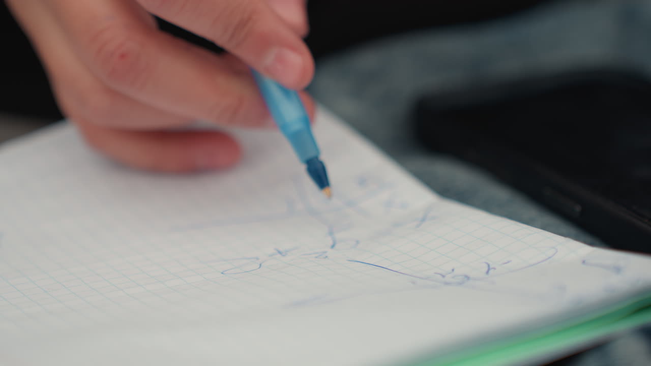 Primo piano di uno studente che traccia un grafico su un quaderno con una penna blu, seguendo una linea su carta millimetrata; un dito guida il movimento accanto a un smartphone che mostra la risoluzione di problemi, lo schizzo di diagrammi e la revisione di annotazioni.
