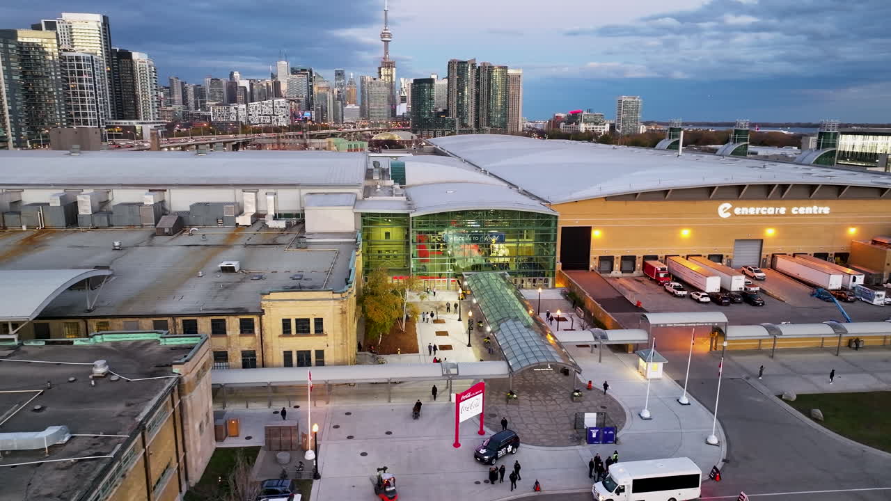 Drone aerial traveling around Heritage Court at the CNE grounds in Toronto