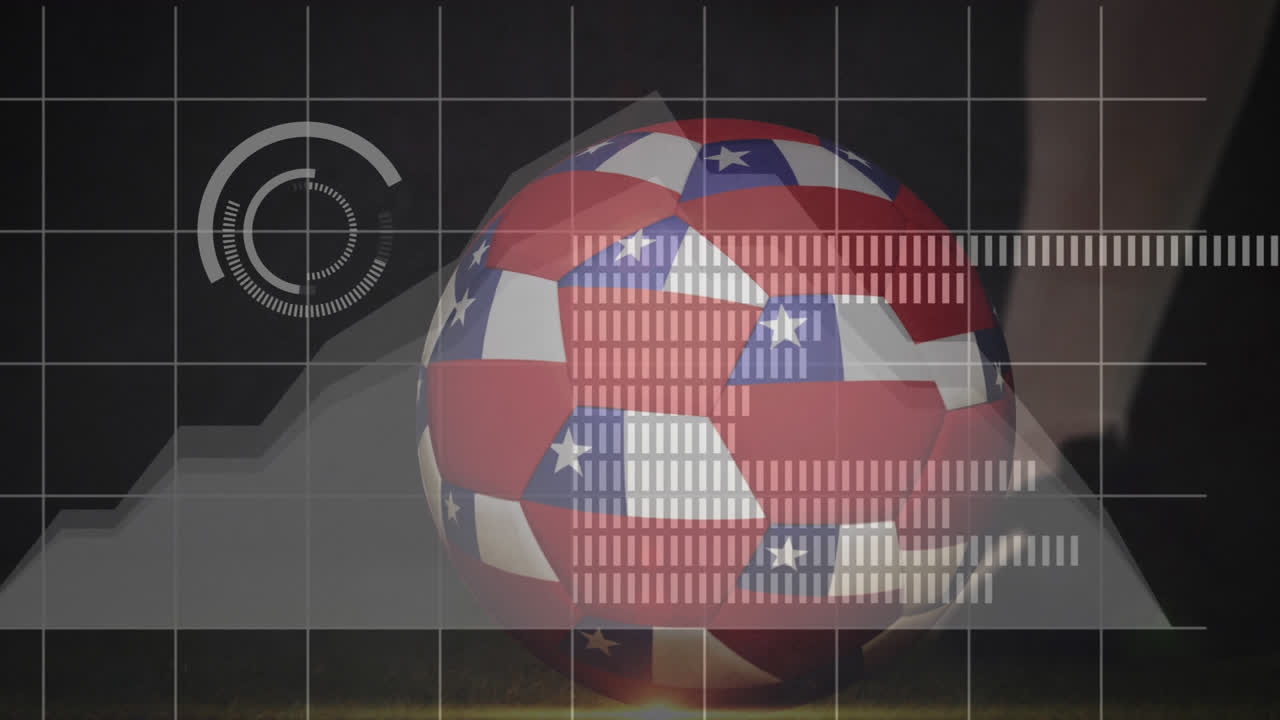 Animation of data processing and football with flag of chile over soccer player kicking