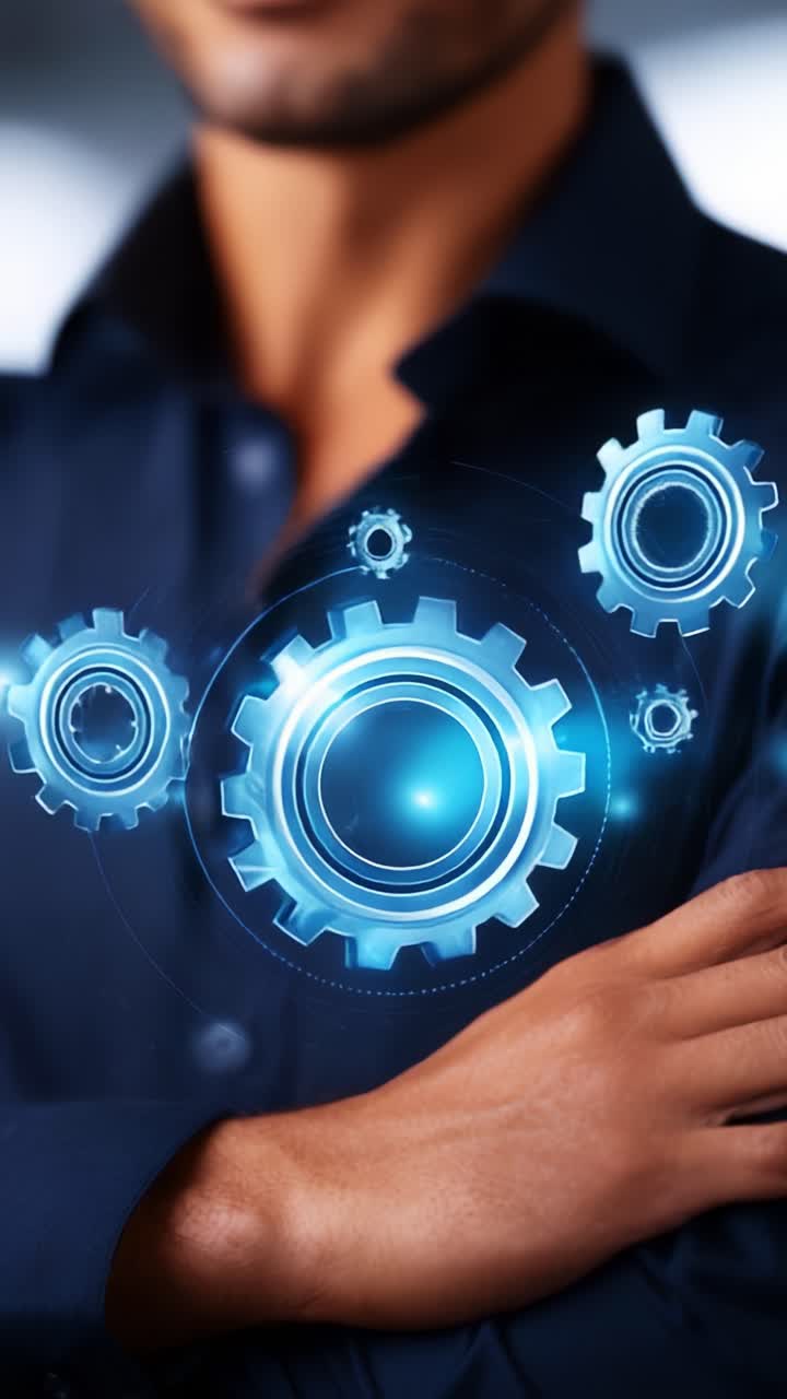 Dynamic Visualization of Gear Mechanisms Representing Innovation and Technology with a Professional Arm-Folded Gesture Against a Soft Bluish Background