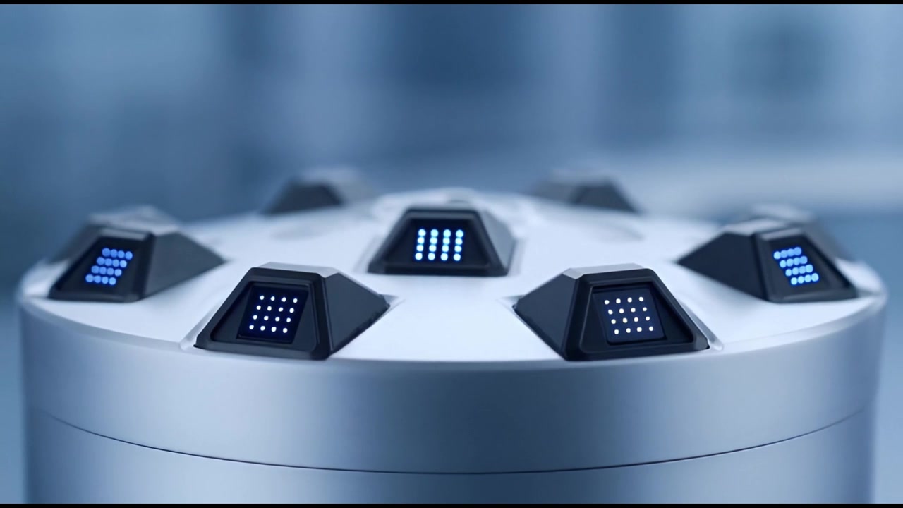 Dispositivo circular futurista con matrices de sensores LED azules brillantes