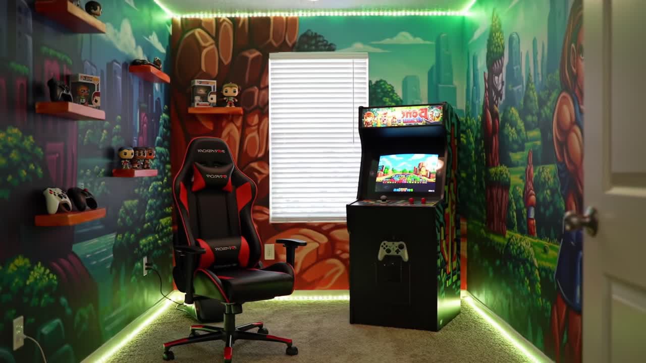 Transformative Gaming Space: A Vibrant Gamer's Retreat with Inventive Decor and Dynamic Lighting, Showcasing an Arcade Machine and Gaming Chair in Two Distinct Frames