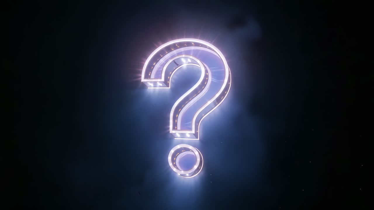Fading neon question mark intensifying glowing edges while rotating in dark misty void