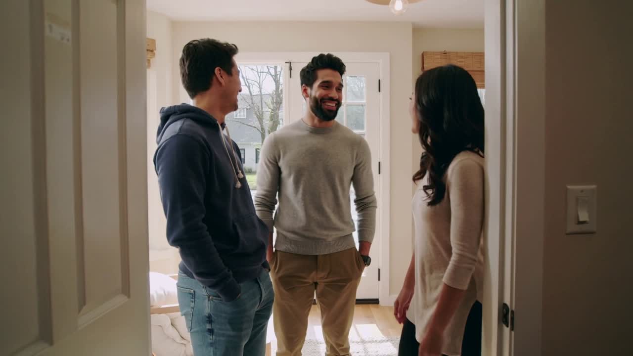 Amici che ridono, vestiti casual, reagiscono all'apertura della porta d'ingresso in un atrio con porta a vetri.
