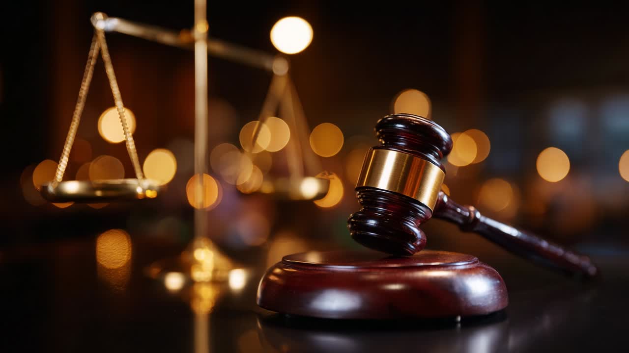 An Elegant Representation of Justice: A Beautifully Crafted Gavel Resting on a Wooden Base with a Stunning Set of Scales in the Background, Symbolizing Fairness and the Legal System Illuminated by Soft Bokeh Lighting