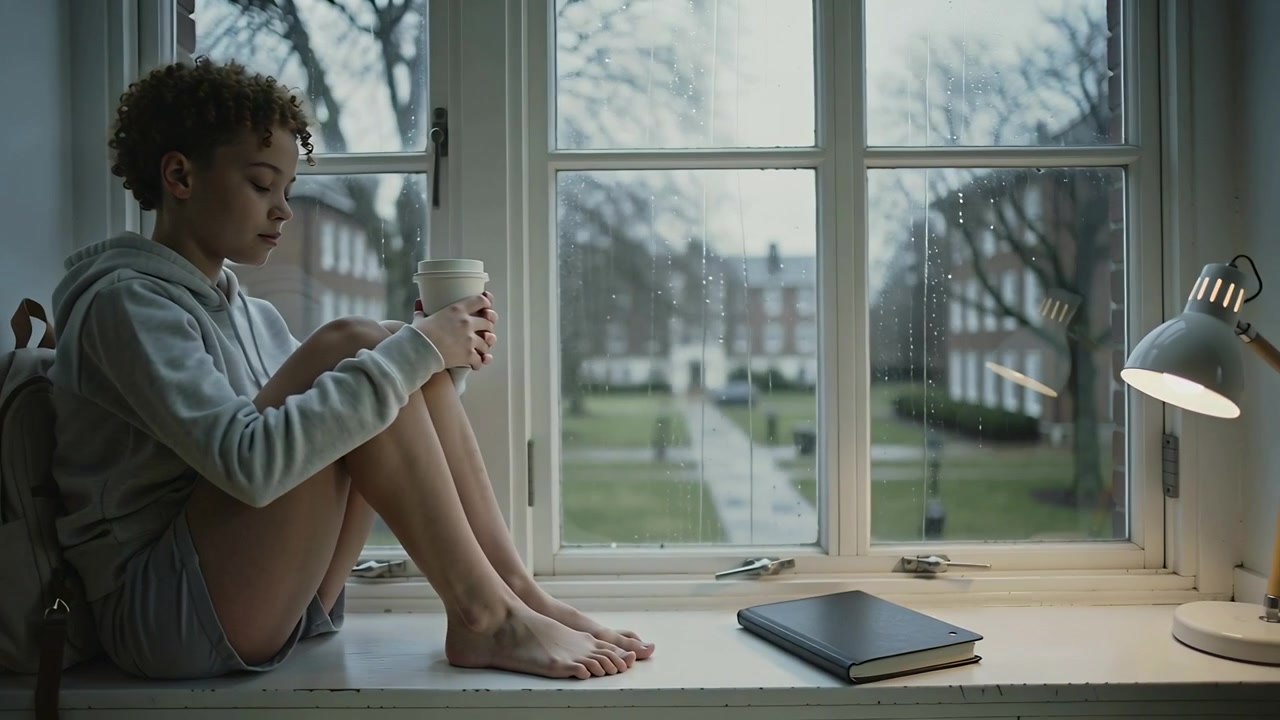 Sitting student gray hoodie holding cup on window ledge, pack and journal, rain falling, copy space
