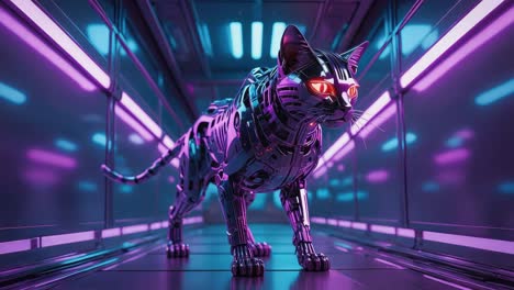 robotic cat in a neon-lit futuristic corridor