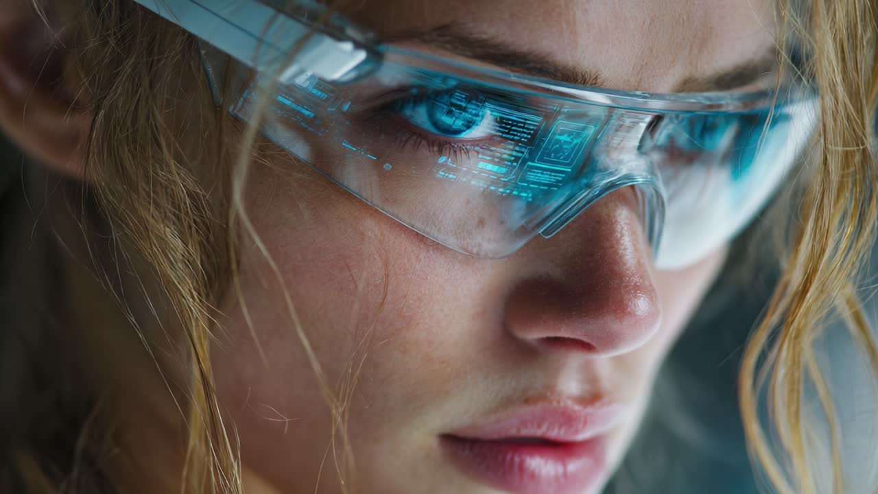A Close-Up Perspective of a Young Woman Wearing High-Tech Glasses, Highlighting the Fusion of Beauty and Advanced Technology in a Captivating Digital Environment