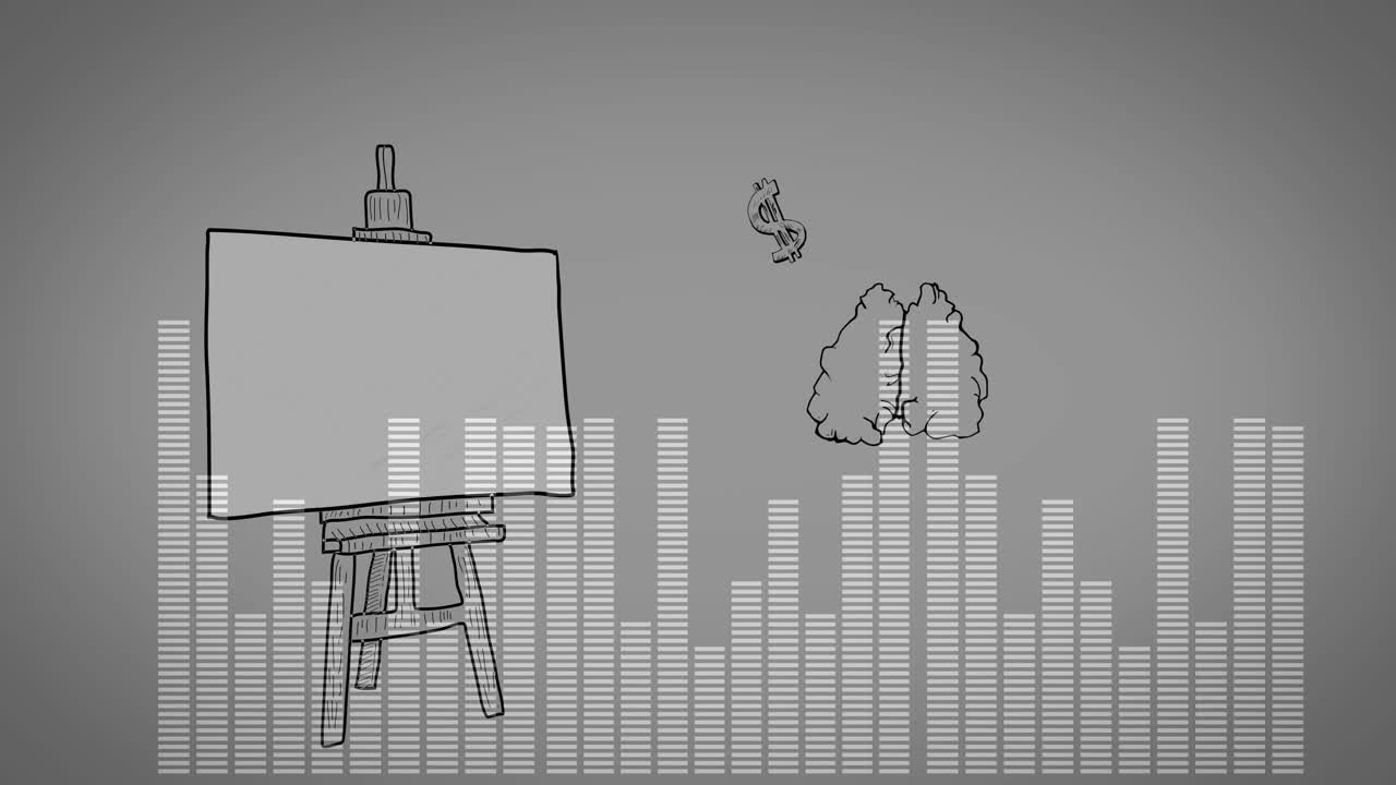 Animation of brain sketch and audio waveform on gray background