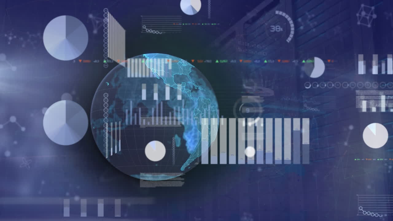 Animation of screens with data processing over molecular structures floating against spinning globe