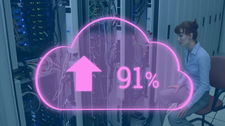 Animation of clouds icon over caucasian female worker inspecting server room