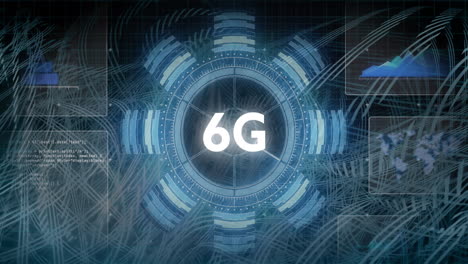 animation of 6g text, radar in arc reactor, graphs, map and computer language over dynamic waves