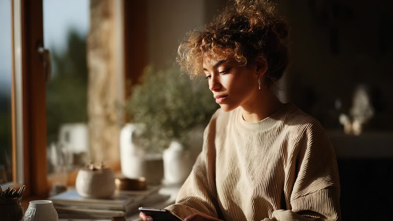 Fokuseret kvinde fordybet i sin smartphone i et solbeskinnet rum. Hun overvejer og udforsker digitale forbindelser, omgivet af elegant indretning og naturligt lys, der forstærker rummets atmosfære