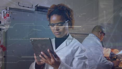 Animation-of-network-of-connections-and-data-processing-over-african-american-female-scientist