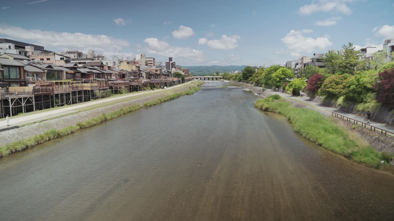 Scenic wide view overlooking Kamo River in Kyoto, Japan with peaceful flow of water, surrounded by traditional housing, bridges and lush nature under a bright sunny sky.