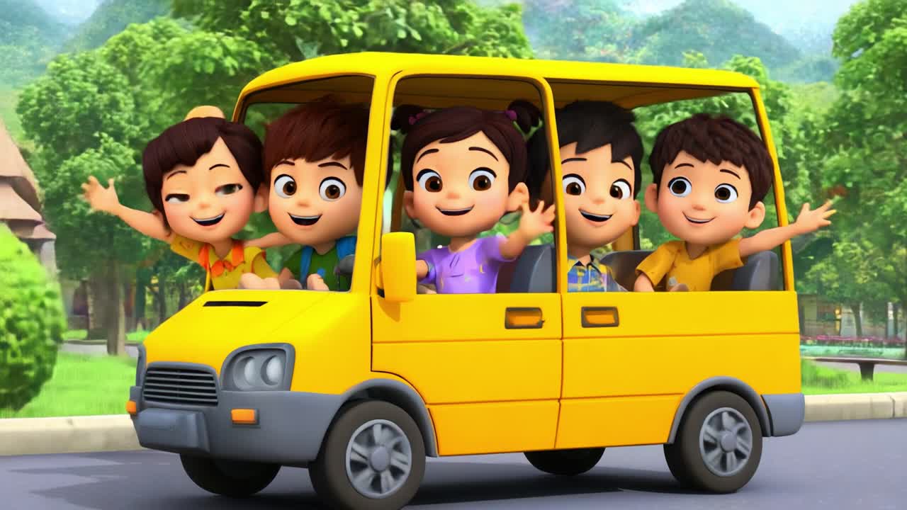 A Group of Cheerful Kids Enjoying Their Day in a Bright Yellow Bus, Smiling and Waving as They Embark on an Adventure Filled with Fun and Friendship in a Vibrant Animated World
