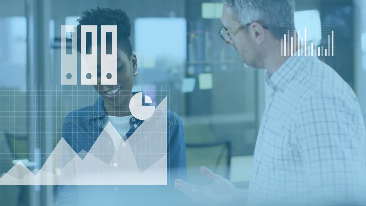 Discussing data analytics, business professionals in office with graphs and charts animation
