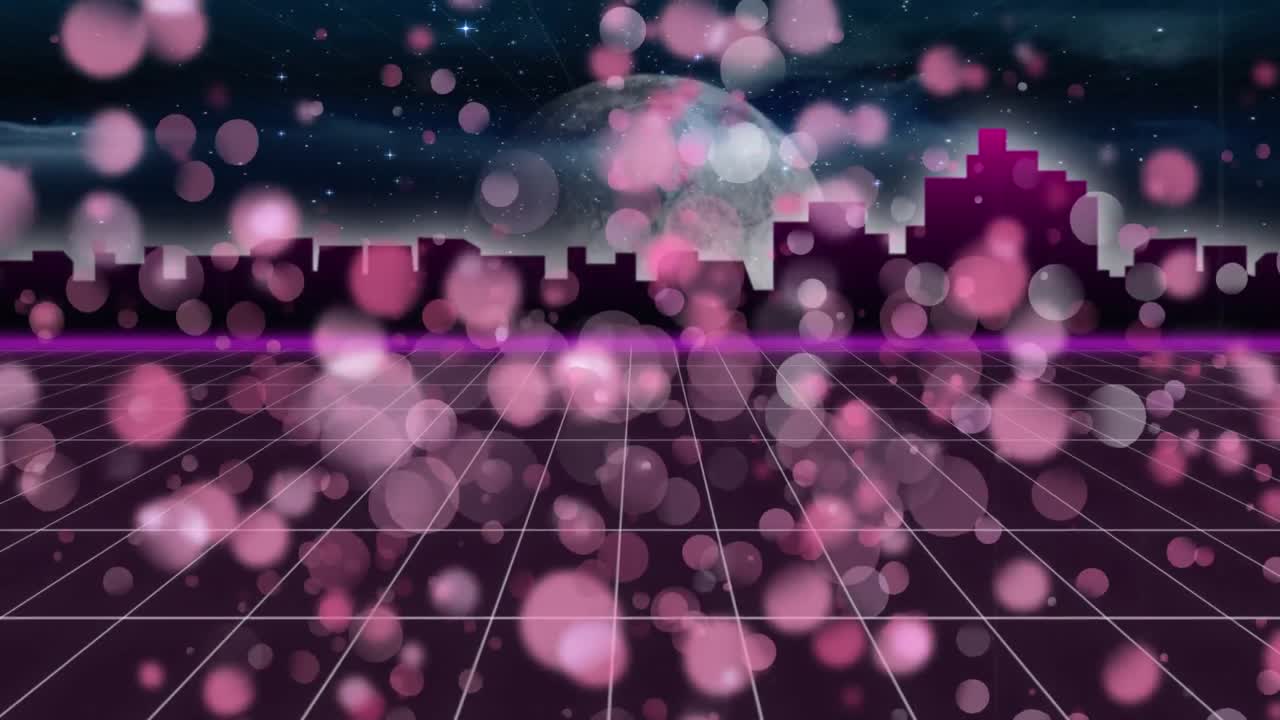 반 ⁇ 이는 분홍색 그리드 위에 빛의 분홍색 반점이 움직이는 애니메이션