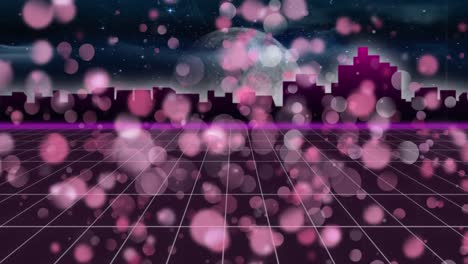 animación de puntos rosados de luz sobre una cuadrícula rosada brillante en movimiento