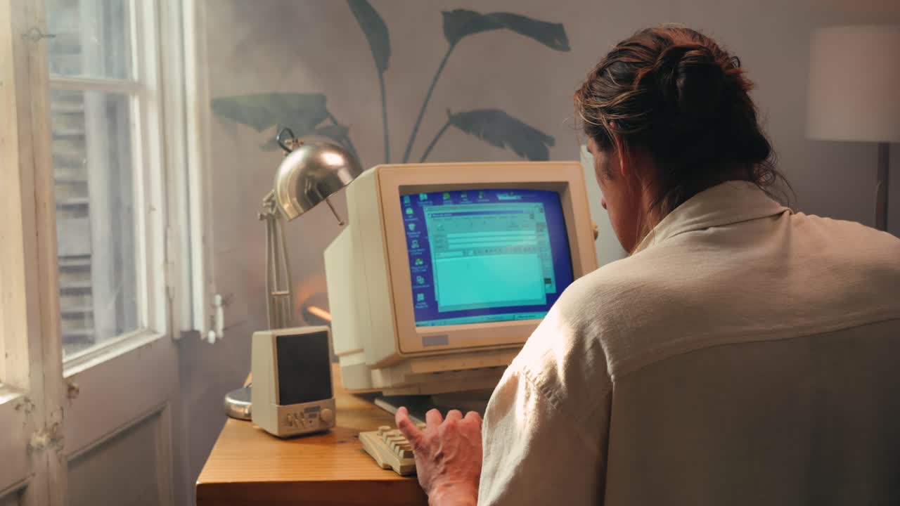 Man working and gaming on retro computer PC, IT engineer with vintage computer at home, using old fashion technology, close up of retro setup.