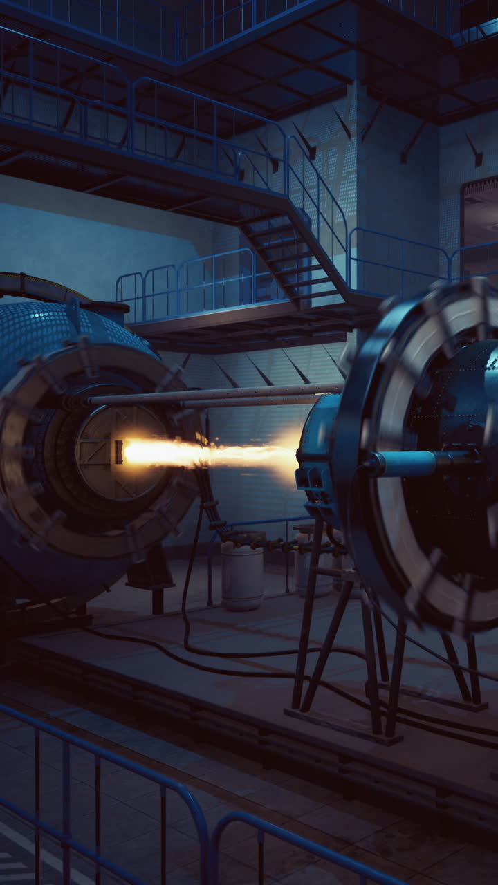 Rocket engine testing in a laboratory environment at night with active flames