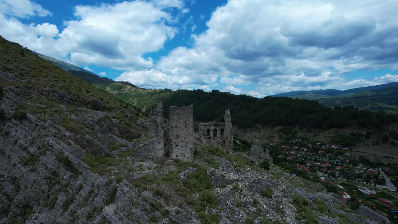 Stone Tower Ruins Cliffside Vjosa Peaceful Kelcyre Town Beneath Rocky Fortress Overlooking River Valley