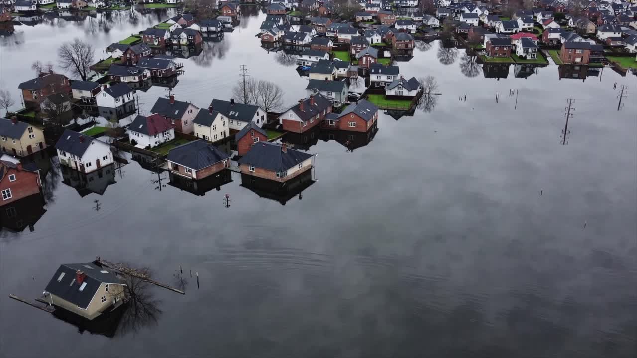 CGI of severe flooding in a residential neighborhood with submerged infrastructure, highlighting climate disaster, urban vulnerability, and extreme weather impact.