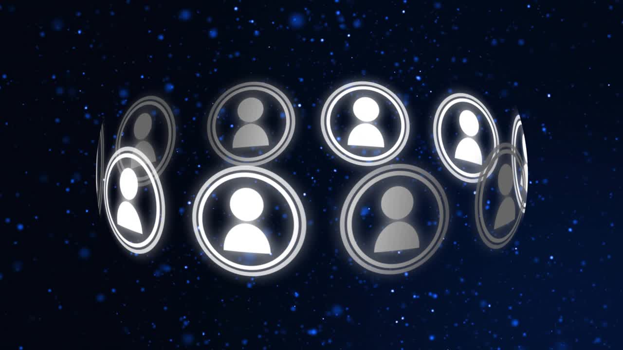 On start ring of avatar badges rotating and tilting, pulsing front badges to emphasize network