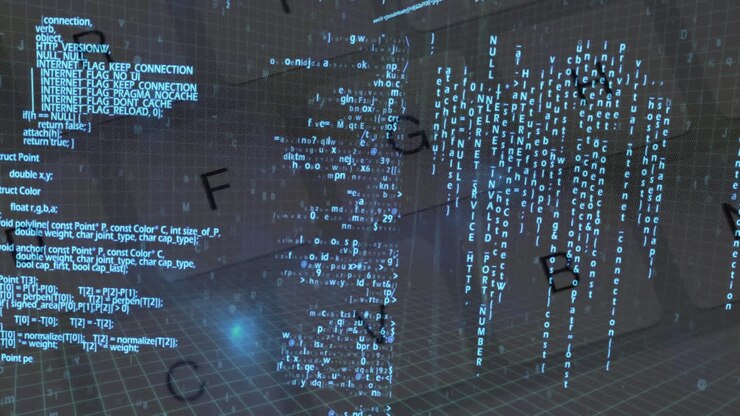 Animation of blue data processing over computer keyboard on grey background