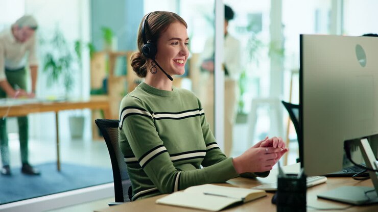 Una donna con le cuffie seduta a una scrivania in un ufficio, che parla con un cliente al telefono