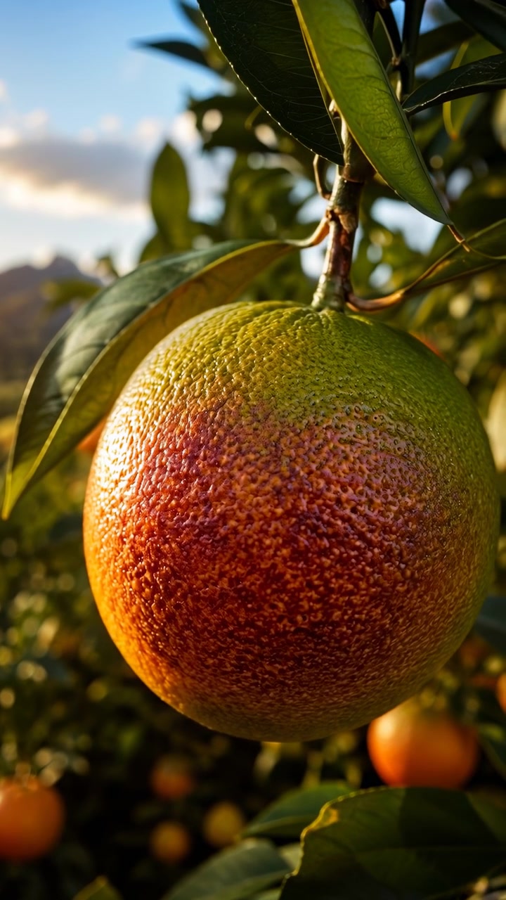 Vista cercana muestra un mango unido a una rama con textura superficial detallada, follaje circundante y luz diurna cálida, mientras el movimiento de la cámara resalta el paisaje agrícola y la apariencia del producto.