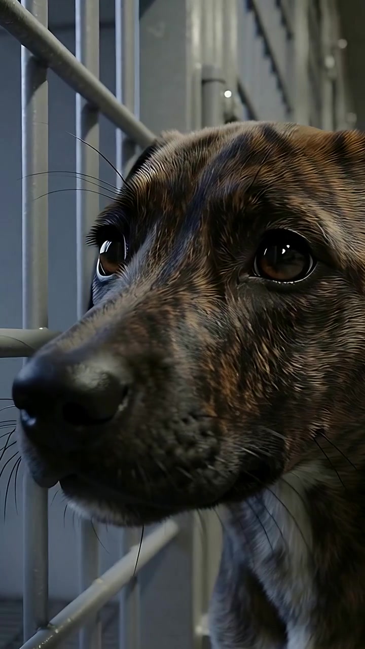 Vertical video: Camera starting, brindle dog sniffing in kennel, nosing bars for outside scent