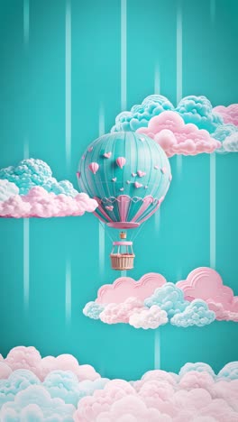 a charming hot air balloon in pastel blue and pink floats gracefully amidst fluffy clouds in a serene sky. perfect for themes of travel, dreams, romance, or childhood adventures.