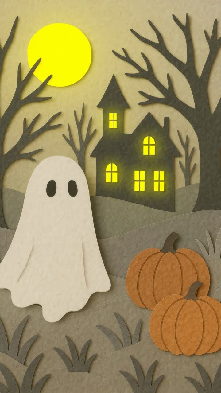 Whimsical paper-cut style scene with a ghost, pumpkins, and haunted house at dusk