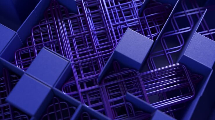 Motivo geometrico astratto di cubi e fili blu e viola