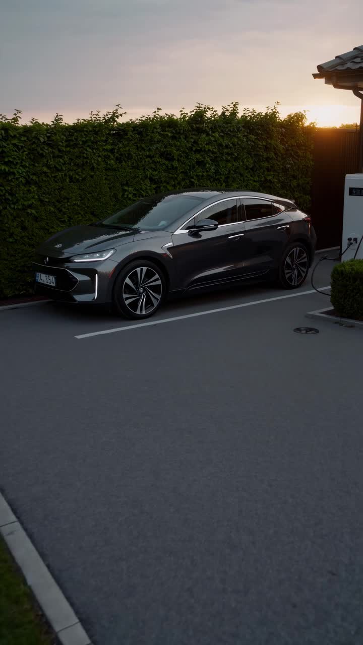 Sleek car parked on a driveway at sunset, captured from a low-angle, showcasing its modern design