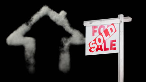 animation of sold text over house for sale sign and house shape in smoke on black background