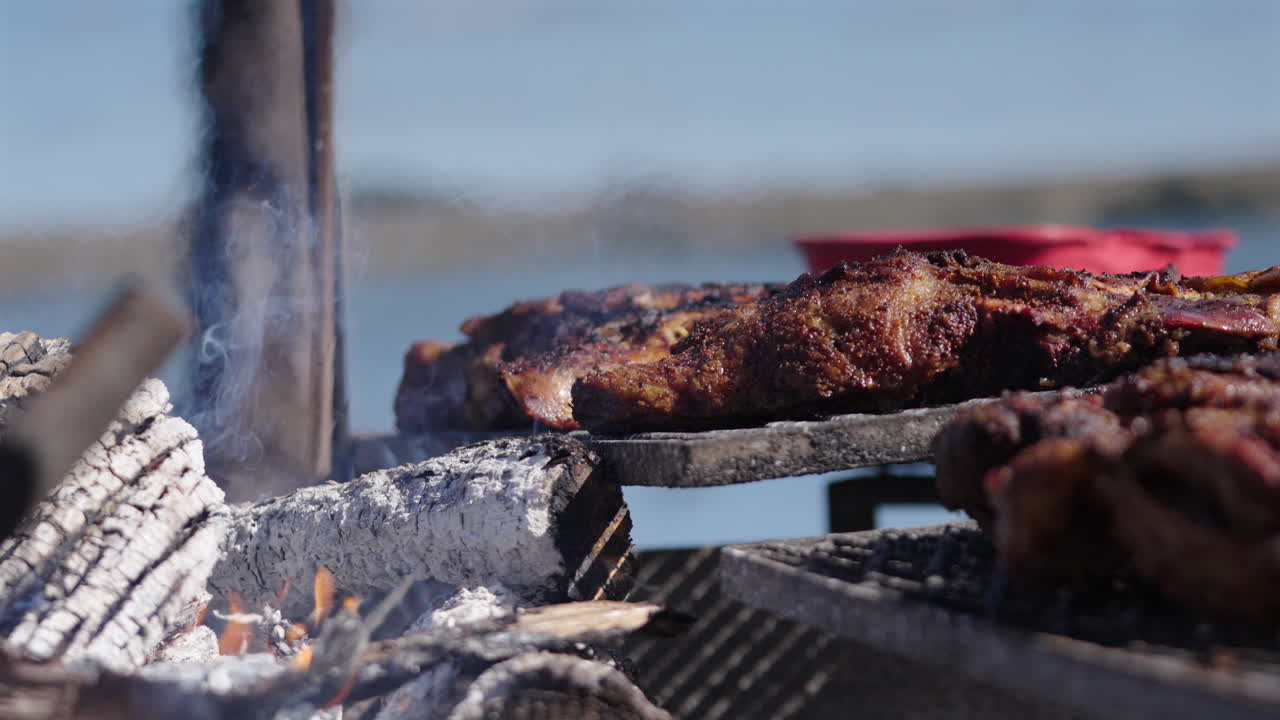 Grilled meat Asado, traditional Argentine barbecue with burning and smoking firewood, close up