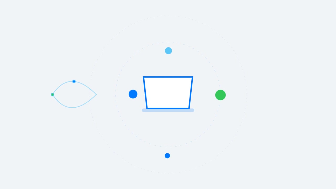 Icona animata minimalista di laptop con punti orbitanti
