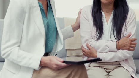 Therapy-support,-tablet-and-hands-of-women