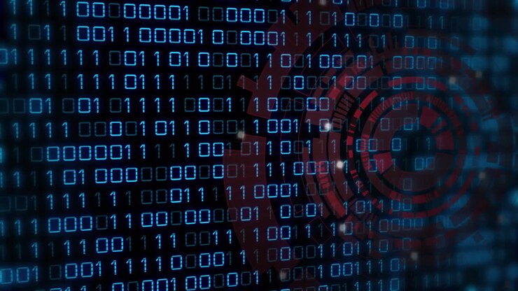 Animazione di codice binario con design circolare rosso su interfaccia digitale.