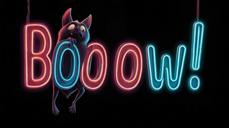Un pipistrello giocoso in stile cartone animato appeso a luci al neon colorate, che esprime eccitazione con la parola esagerata 'Booow!', enfatizzando un'atmosfera divertente e festosa.