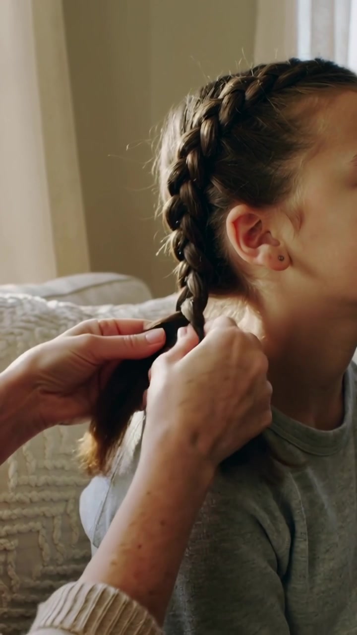 Vertical video: Entering left hands braiding girl's hair on couch, securing ends, sleeve