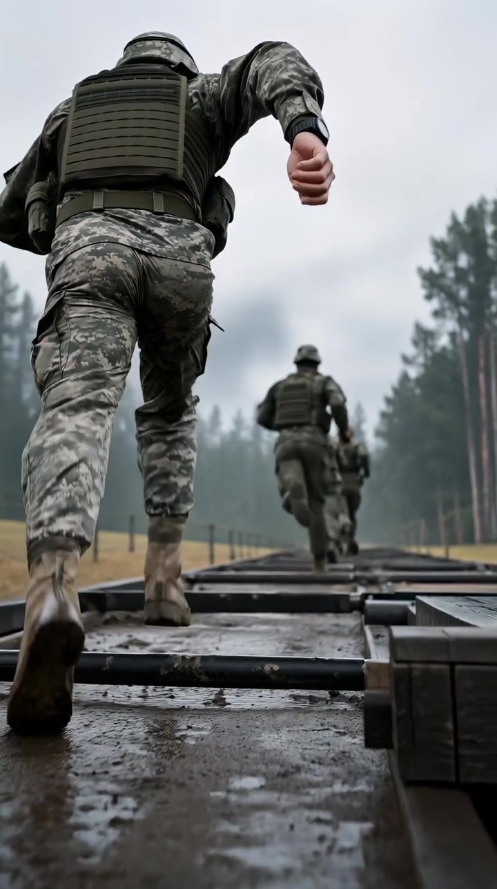 Persoon in camouflagekleding beweegt over een nat platform in een buitenomgeving terwijl een andere figuur vooruit rent, met grijze lucht, vochtige oppervlakken en een zichtbare bosachtergrond in een compositie met laag standpunt.