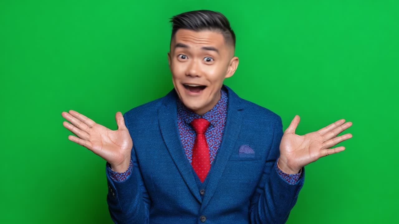A Cheerful Man in a Blue Suit Expresses Surprise and Joy Against a Vibrant Green Background, Showcasing Emotions and Enthusiasm in Two Engaging Frames