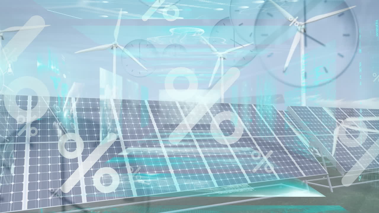 태양 패널 위에 지구, 시계, 퍼센트 및 풍력 터빈의 애니메이션