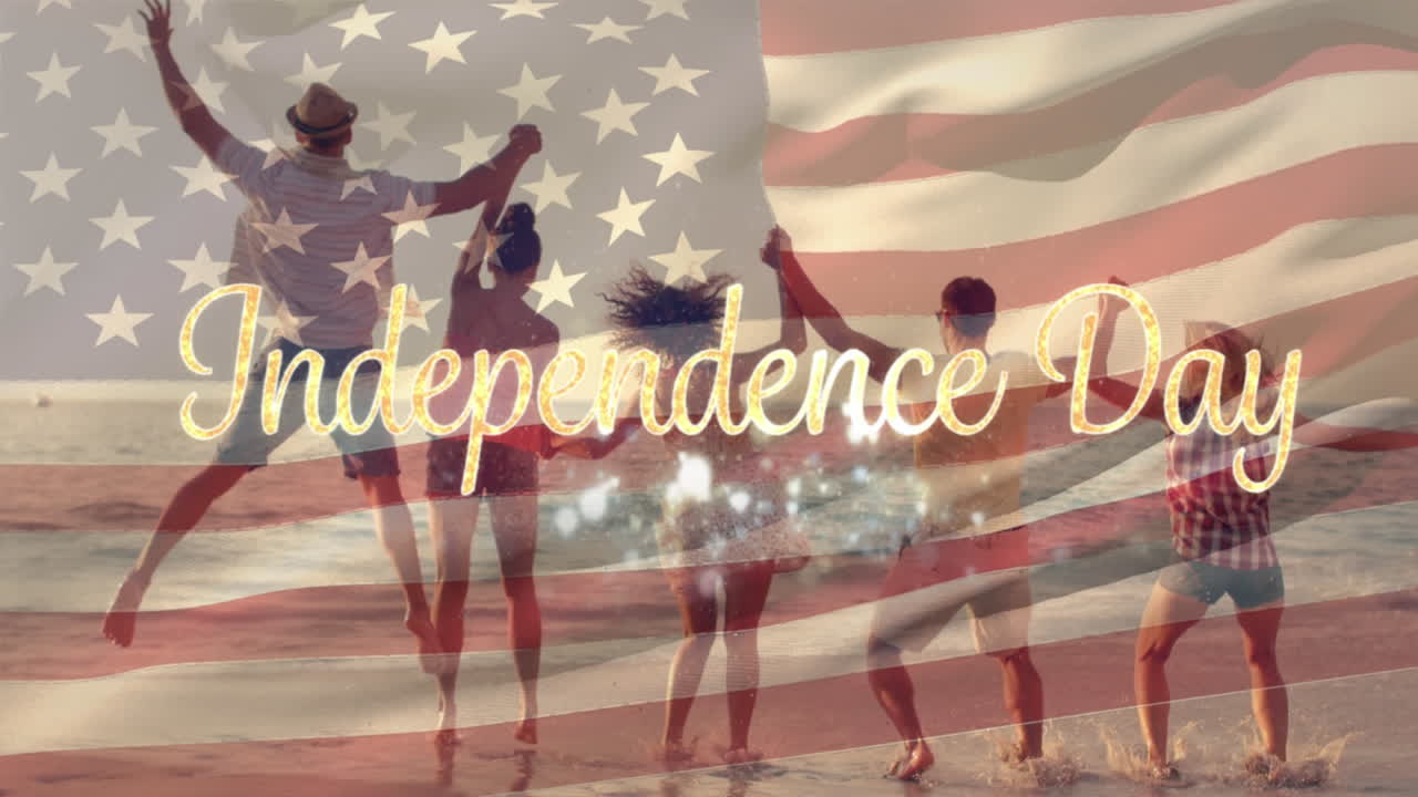 해변에 있는 친구들과 미국  ⁇ 발과 독립기념일 텍스트