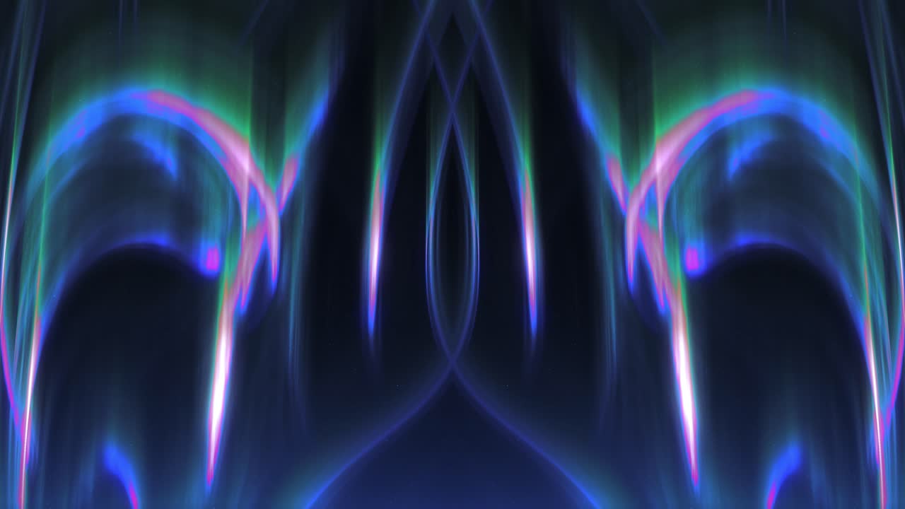 야간 하늘을 가로질러 회전하는 북극의 다채로운 프랙탈 추상