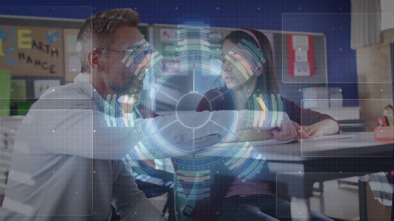 Teacher pointing at workbook, guiding student and activating rotating chart overlays for education