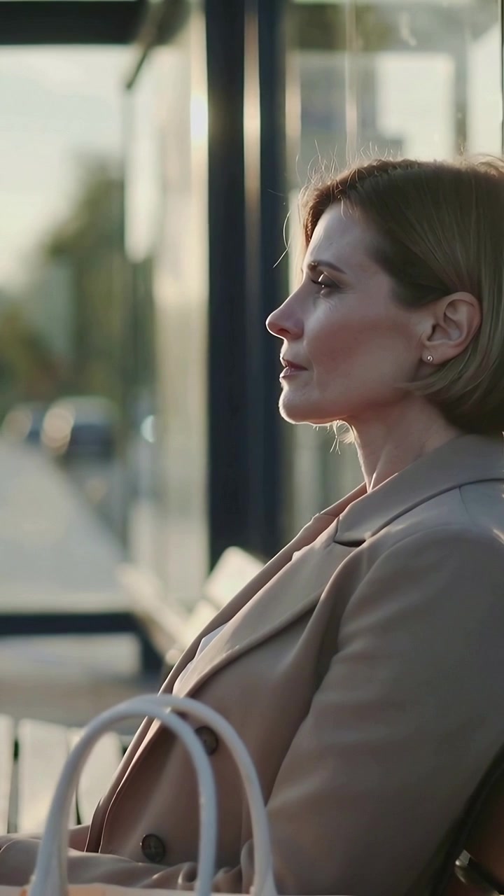 Video verticale: Donna seduta con cappotto color cammello e borsa che aspetta alla fermata dell'autobus, auto che passano, spazio per il testo.